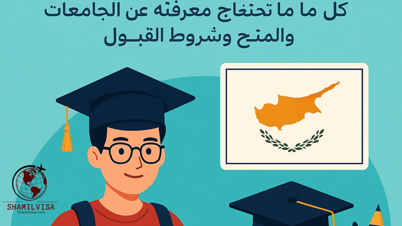 طلاب دوليون يجلسون في حرم جامعي حديث في قبرص، يتناقشون ويتصفحون كتبًا وأجهزة كمبيوتر محمولة، مع خلفية تُظهر مباني الجامعة وأشجار النخيل، يرمز إلى البيئة التعليمية الجذابة والمنفتحة التي تقدمها الجامعات القبرصية، وفرص المنح وشروط القبول الميسرة.