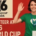 مشهد يُبرز أجواء التطوع في كأس العالم 2026 بكندا، يظهر فيه متطوع مبتسم يرتدي شارة تعريف وقميصًا أخضر يحمل رمز العمل التطوعي، مع خلفية تعكس الألوان الرسمية للبطولة، في إشارة إلى روح الحماس والانتماء لهذا الحدث العالمي.